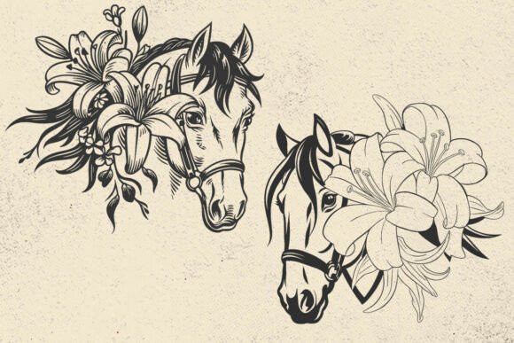 Floral Gentle Horses with Lilies Svg